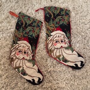 2 Classic Vintage Santa Claus Beaded Christmas Stockings
